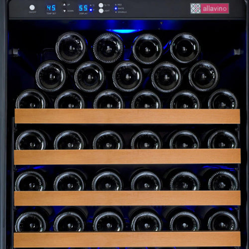 Allavino FlexCount II 177 bottle single zone wine refrigerator with black glass door, Tru-Vino cooling, wood-trimmed FlexCount shelving, and left-hinge design.