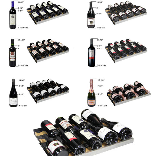 Allavino FlexCount II 177 bottle single zone wine refrigerator with black glass door, Tru-Vino cooling, wood-trimmed FlexCount shelving, and left-hinge design.