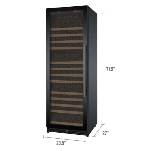 Allavino FlexCount II 177 bottle single zone wine refrigerator with black glass door, Tru-Vino cooling, wood-trimmed FlexCount shelving, and left-hinge design.