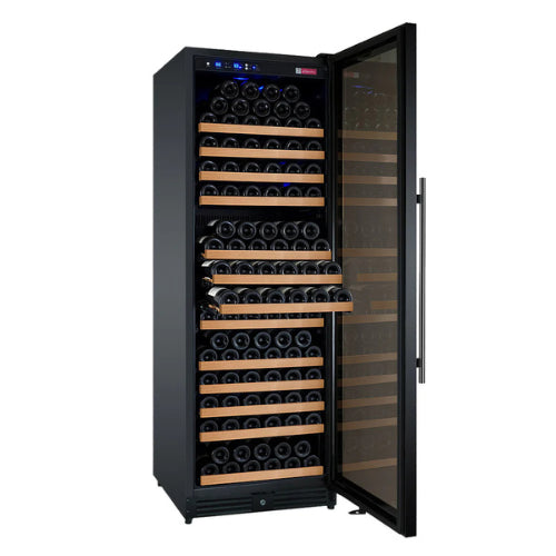 Allavino FlexCount II 177 bottle single zone wine refrigerator with black glass door, Tru-Vino cooling, FlexCount wood-front shelving, and fan-forced air circulation.