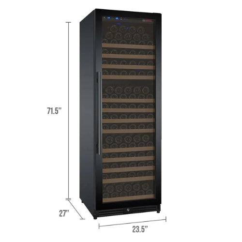 Allavino FlexCount II 177 bottle single zone wine refrigerator with black glass door, Tru-Vino cooling, FlexCount wood-front shelving, and fan-forced air circulation.