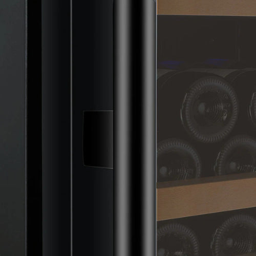 Allavino FlexCount II 177 bottle single zone wine refrigerator with black glass door, Tru-Vino cooling, FlexCount wood-front shelving, and fan-forced air circulation.