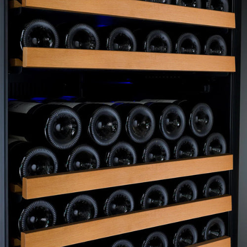 Allavino FlexCount II 177 bottle single zone wine refrigerator with black glass door, Tru-Vino cooling, FlexCount wood-front shelving, and fan-forced air circulation.
