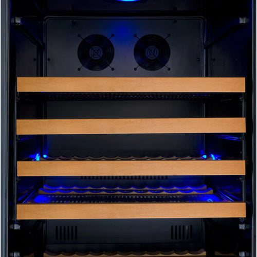 Allavino FlexCount II 177 bottle single zone wine refrigerator with black glass door, Tru-Vino cooling, FlexCount wood-front shelving, and fan-forced air circulation.