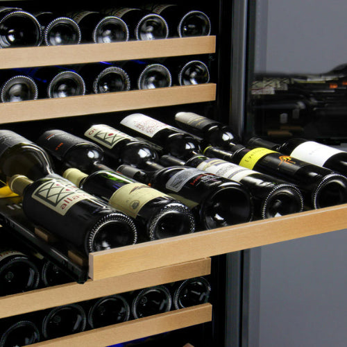 Allavino FlexCount II 177 bottle single zone wine refrigerator with black glass door, Tru-Vino cooling, FlexCount wood-front shelving, and fan-forced air circulation.