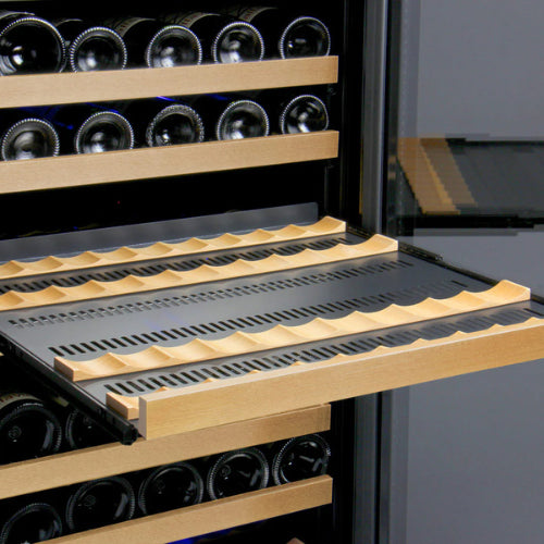 Allavino FlexCount II 177 bottle single zone wine refrigerator with black glass door, Tru-Vino cooling, FlexCount wood-front shelving, and fan-forced air circulation.