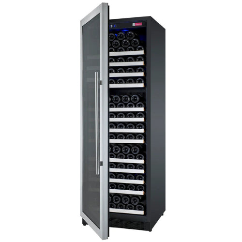 Allavino FlexCount II 177 bottle single zone wine refrigerator with stainless steel door, UV-protective glass, Tru-Vino temperature control, and adjustable glide-out shelving.