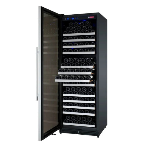 Allavino FlexCount II 177 bottle single zone wine refrigerator with stainless steel door, UV-protective glass, Tru-Vino temperature control, and adjustable glide-out shelving.