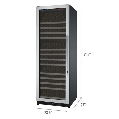 Allavino FlexCount II 177 bottle single zone wine refrigerator with stainless steel door, UV-protective glass, Tru-Vino temperature control, and adjustable glide-out shelving.