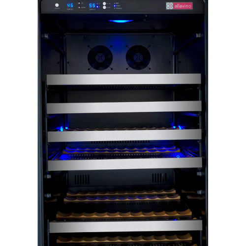 Allavino FlexCount II 177 bottle single zone wine refrigerator with stainless steel door, UV-protective glass, Tru-Vino temperature control, and adjustable glide-out shelving.
