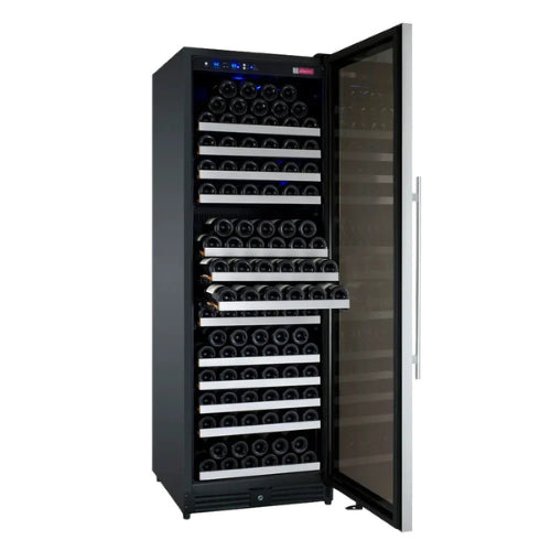 Allavino FlexCount II 177 bottle single zone wine refrigerator with stainless steel door, Tru-Vino cooling, UV glass, and FlexCount glide-out shelving.