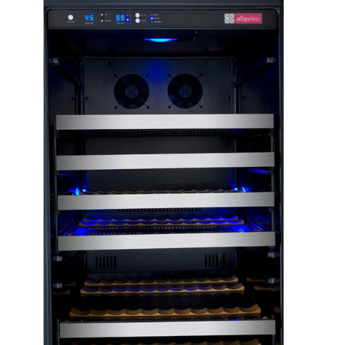 Allavino FlexCount II 177 bottle single zone wine refrigerator with stainless steel door, Tru-Vino cooling, UV glass, and FlexCount glide-out shelving.