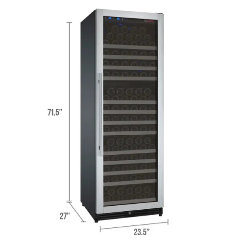 Allavino FlexCount II 177 bottle single zone wine refrigerator with stainless steel door, Tru-Vino cooling, UV glass, and FlexCount glide-out shelving.
