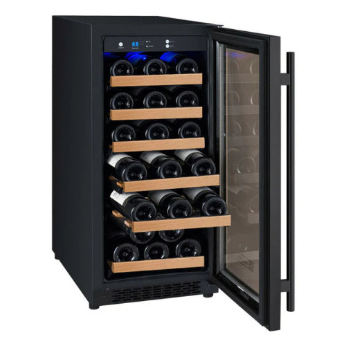 Allavino FlexCount II 30 bottle single zone wine refrigerator with black glass door, Tru-Vino cooling, UV protection, and wood-accented FlexCount shelving.