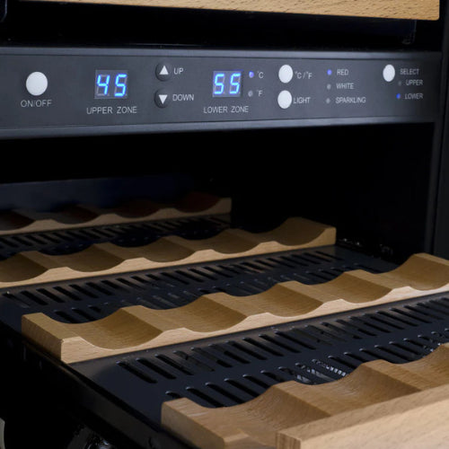 Allavino FlexCount II 30 bottle single zone wine refrigerator with black glass door, Tru-Vino cooling, UV protection, and wood-accented FlexCount shelving.