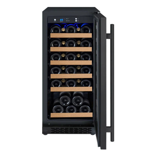 Allavino FlexCount II 30 bottle single zone wine refrigerator with black glass door, Tru-Vino cooling, UV protection, and wood-accented FlexCount shelving.