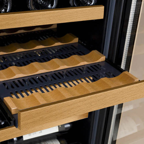 Allavino FlexCount II 30 bottle single zone wine refrigerator with black glass door, Tru-Vino cooling, UV protection, and wood-accented FlexCount shelving.