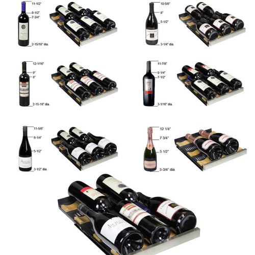 Allavino FlexCount II 30 bottle single zone wine refrigerator with black glass door, Tru-Vino cooling, UV protection, and wood-accented FlexCount shelving.