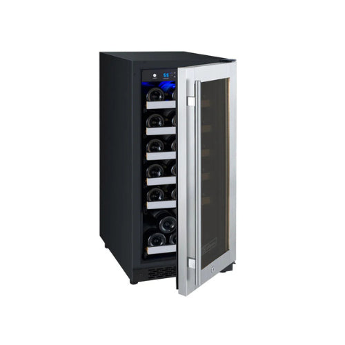 Stainless steel single zone wine fridge by Allavino with right-hinge door, UV glass, and glide-out wood-accented shelves in a sleek built-in design.