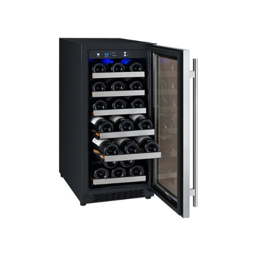 Stainless steel single zone wine fridge by Allavino with right-hinge door, UV glass, and glide-out wood-accented shelves in a sleek built-in design.