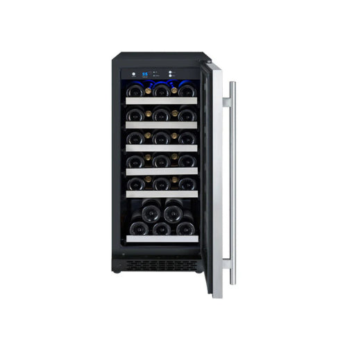 Stainless steel single zone wine fridge by Allavino with right-hinge door, UV glass, and glide-out wood-accented shelves in a sleek built-in design.