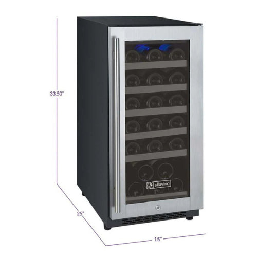 Stainless steel single zone wine fridge by Allavino with right-hinge door, UV glass, and glide-out wood-accented shelves in a sleek built-in design.