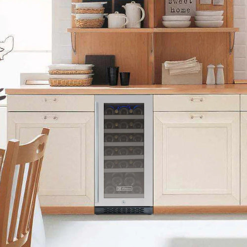 Stainless steel single zone wine fridge by Allavino with right-hinge door, UV glass, and glide-out wood-accented shelves in a sleek built-in design.
