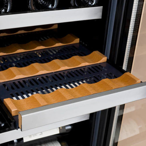 Stainless steel single zone wine fridge by Allavino with right-hinge door, UV glass, and glide-out wood-accented shelves in a sleek built-in design.