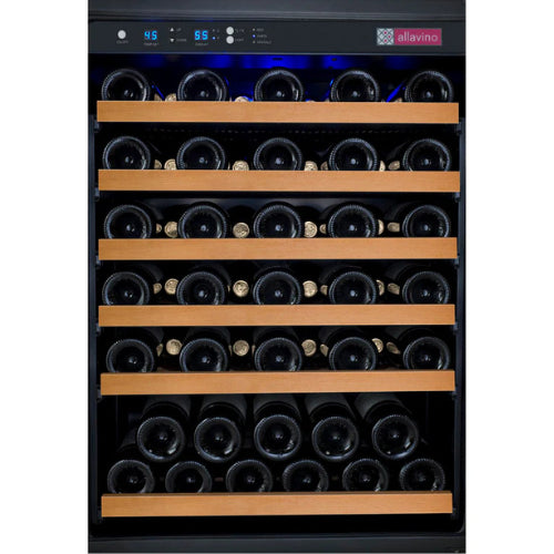 Allavino FlexCount II 56 bottle single zone wine refrigerator with black glass door, Tru-Vino cooling, UV protection, and wood-front FlexCount shelving.