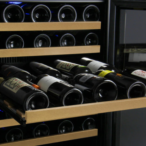 Allavino FlexCount II 56 bottle single zone wine refrigerator with black glass door, Tru-Vino cooling, UV protection, and wood-front FlexCount shelving.