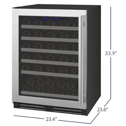 Allavino FlexCount II 56 bottle single zone wine refrigerator with stainless steel door, UV-resistant glass, Tru-Vino temperature control, and glide-out FlexCount shelving.