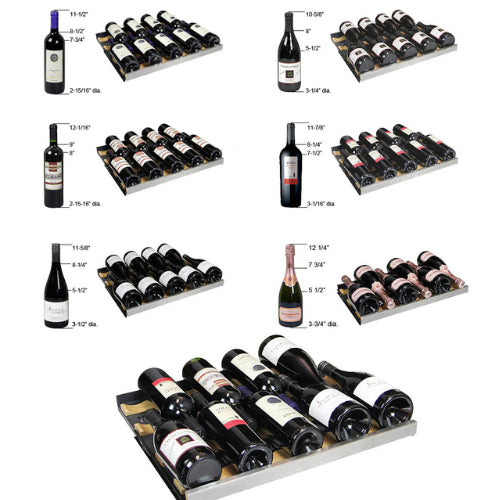 Allavino FlexCount II 56 bottle single zone wine refrigerator with stainless steel door, UV-resistant glass, Tru-Vino temperature control, and glide-out FlexCount shelving.