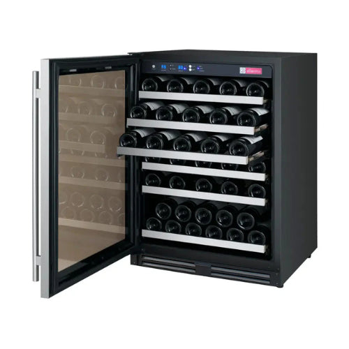 Allavino FlexCount II 56 bottle single zone wine refrigerator with stainless steel door, UV-resistant glass, Tru-Vino temperature control, and glide-out FlexCount shelving.