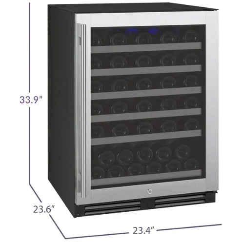 Allavino FlexCount II 56 bottle single zone wine refrigerator with stainless steel door, Tru-Vino temperature control, and FlexCount glide-out shelving.