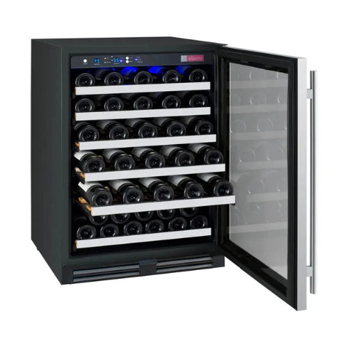 Allavino FlexCount II 56 bottle single zone wine refrigerator with stainless steel door, Tru-Vino temperature control, and FlexCount glide-out shelving.