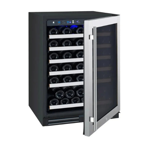 Allavino FlexCount II 56 bottle single zone wine refrigerator with stainless steel door, Tru-Vino temperature control, and FlexCount glide-out shelving.