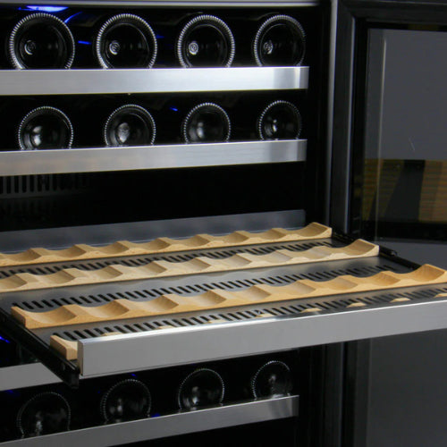 Allavino FlexCount II 56 bottle single zone wine refrigerator with stainless steel door, Tru-Vino temperature control, and FlexCount glide-out shelving.