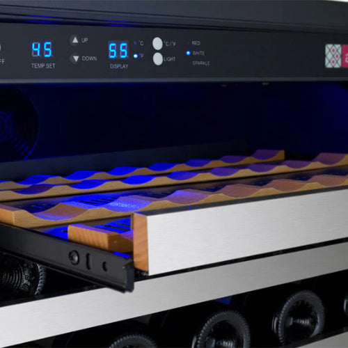 Allavino FlexCount II 56 bottle single zone wine refrigerator with stainless steel door, Tru-Vino temperature control, and FlexCount glide-out shelving.