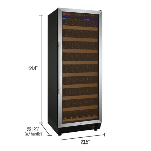 Allavino Vite II 99 bottle single zone wine refrigerator with stainless steel door, Tru-Vino temperature control, UV glass, and wood-front glide-out shelves.