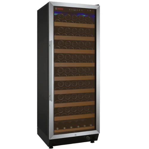 Allavino Vite II 99 bottle single zone wine refrigerator with stainless steel door, Tru-Vino temperature control, UV glass, and wood-front glide-out shelves.