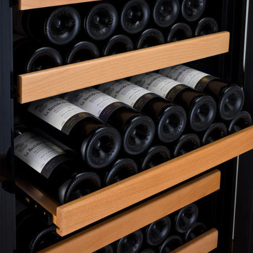 Allavino Vite II 99 bottle single zone wine refrigerator with stainless steel door, Tru-Vino temperature control, UV glass, and wood-front glide-out shelves.