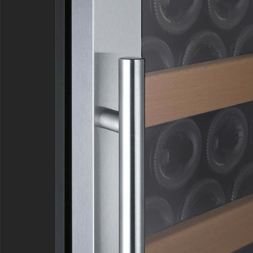 Allavino Vite II 99 bottle single zone wine refrigerator with stainless steel door, Tru-Vino temperature control, UV glass, and wood-front glide-out shelves.