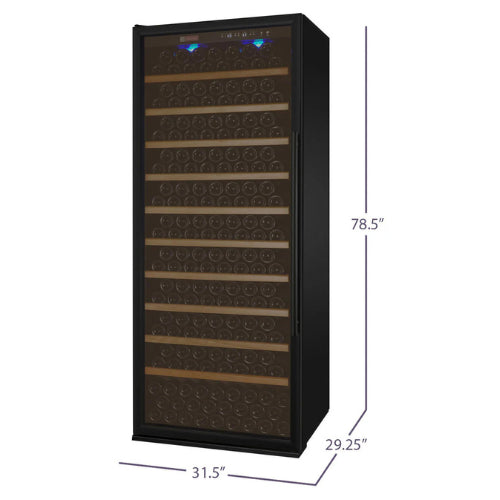 Luxury black single zone wine refrigerator by Allavino, featuring a UV-resistant glass door, wood-accented shelving, and elegant LED lighting in a high-end interior setting.