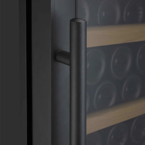 Luxury black single zone wine refrigerator by Allavino, featuring a UV-resistant glass door, wood-accented shelving, and elegant LED lighting in a high-end interior setting.