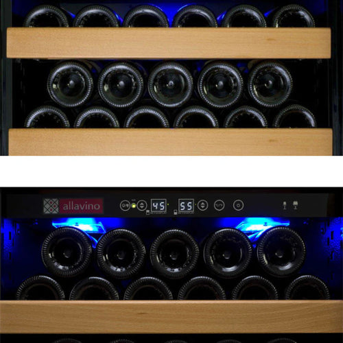 Allavino Vite II 277 bottle single zone wine refrigerator with black UV-resistant glass door, Tru-Vino temperature control, and adjustable glide-out hardwood shelving.