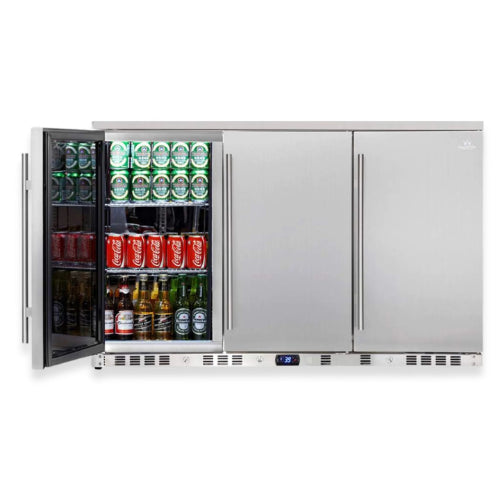 KingsBottle triple-door outdoor beverage cooler with stainless steel body, Embraco compressor, Carel digital control, and 324 can or 190 bottle capacity.