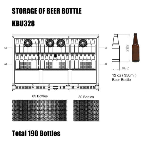 KingsBottle triple-door outdoor beverage cooler with stainless steel body, Embraco compressor, Carel digital control, and 324 can or 190 bottle capacity.