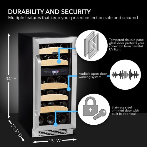 Whynter BWR-281DZ 28-bottle dual zone wine cooler with stainless steel trim and wood shelves