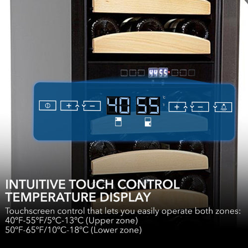 Whynter BWR-281DZ 28-bottle dual zone wine cooler with stainless steel trim and wood shelves