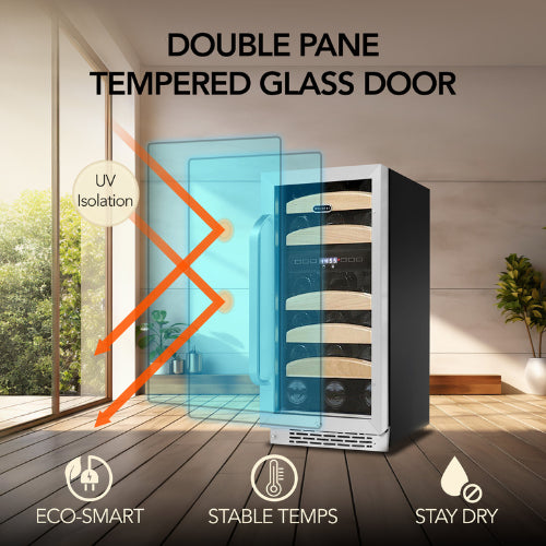 Whynter BWR-281DZ 28-bottle dual zone wine cooler with stainless steel trim and wood shelves